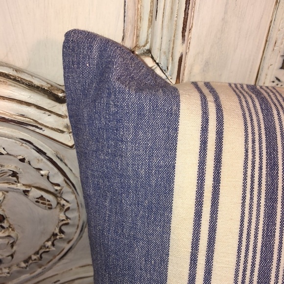 Home Decor Blue and Cream Awing Stripes Accent Pillow With Feather Insert - Picture 5 of 7